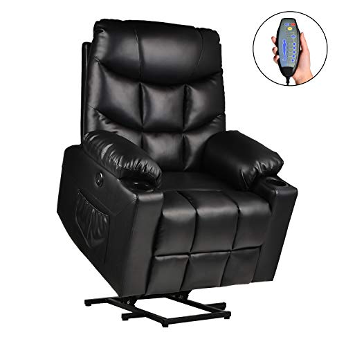 USSerenaY Power Lift Recliner Chair - Lift Recliner with Massage and Heat - Lift Recliners for Elderly - PU Leather Recliner Chair with USB Charge Remote Control Cup Holders Black