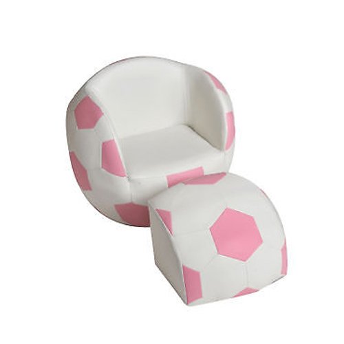GiftMark Kids PinkWhite Soccer Bowl Chair w Pull Out Ottoman