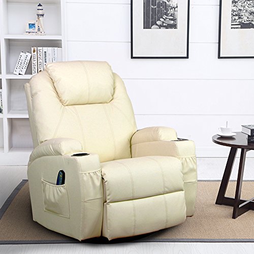Homedex 360 Degree Swivel Massage Recliner Leather Sofa Chair Ergonomic Lounge Swivel Heated with Control Cream