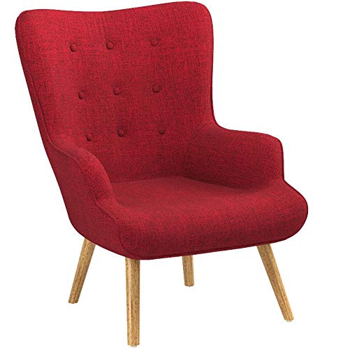 Divano Roma Furniture CHR42-FB-RD Accent Living Room Upholstered Linen Arm Chairs with Tufted Button Detailing and Natural Wooden Legs Red