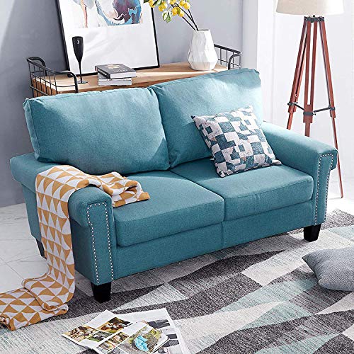 Top Space Loveseat Couch Upholstered Modern 2-Seat Sofa Simple Style Arm Chair Linen Fabric Furniture Living Room Blue