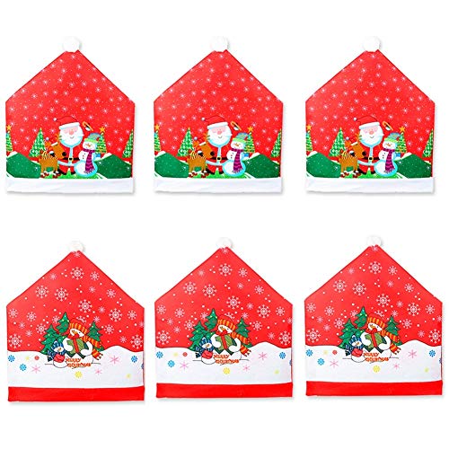 CheeseandU Christmas Chair Covers Set of 6 Santa Claus Snowman Printed Design Christmas Dining Chair Slipcovers Chair Back Covers Dining Room Hotel Xmas Holiday Party Decoration