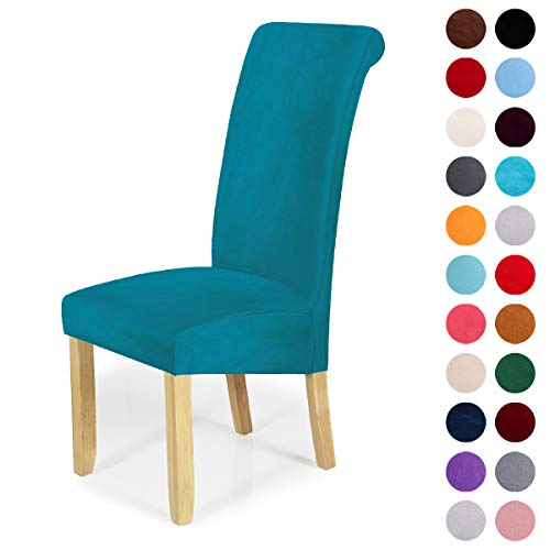 Velvet Stretch Dining Chair Slipcovers - Spandex Plush Short Chair Covers Solid Large Dining Room Chair Protector Home Decor Set of 4 Peacock Green