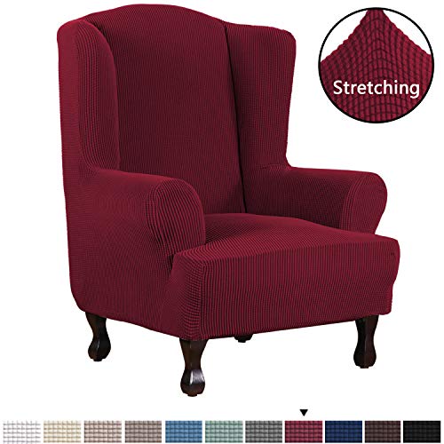 1 Piece Super Stretch Stylish Furniture CoverWingback Chair Cover Slipcover Spandex Jacquard Checked Pattern Super Soft Slipcover Machine WashableSkid Resistance Wing Chair Burgundy Red