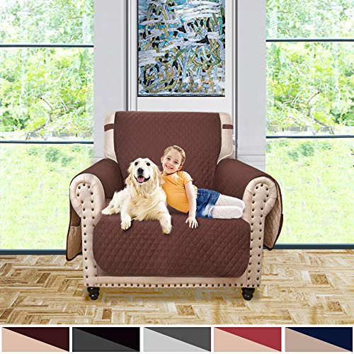 ASHLEYRIVER Reversible Chair CoverWater Resistant Chair Slipover with StrapChair Protector with PocketsMachine Washable Chair Covers for DogsChildren PetsKidsChairChocolateBeige