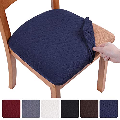 smiry Stretch Jacquard Dining Chair Seat Covers Removable Washable Anti-Dust Upholstered Chair Seat Cover for Dining Room Kitchen Office Set of 4 Navy Blue