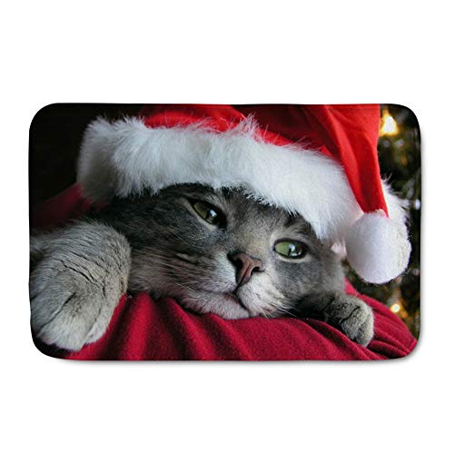 Coloranimal Non Slip Christmas Cat Santa Hat Printed Bath Mat Welcome Flannel Carpet Absorbent Waterproof Heavy Duty Entrance Entry Way Doormats Rectangle Area Rugs Home Decor