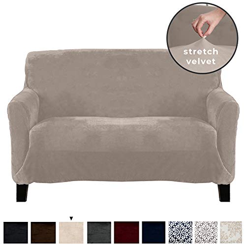 Great Bay Home Velvet Plush Stretch Loveseat Slipcover Velvet Loveseat Furniture Protector Soft Anti-Slip High Stretch Loveseat- 2 Seater Silver Cloud