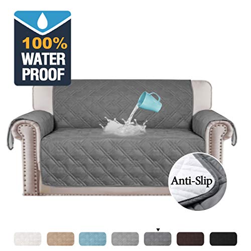 HVERSAILTEX 100 Waterproof Slip Resistant Loveseat Slipcover Water Repellent Furniture Protector Quilted Furniture Covers Couch Cover for Pets Loveseat Covers for Dogs Loveseat 54 Grey