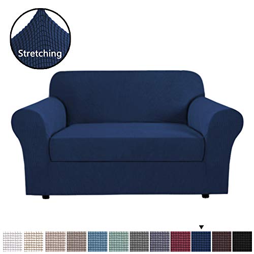 HVERSAILTEX 2 Piece Loveseat Slipcovers Stretch Furnitue Cover Fit Lovesat Width Up to 68 Inch Lycra Spandex Jacquard Fabric Super Soft Skid Resistant Sofa Protector - Loveseat - Navy