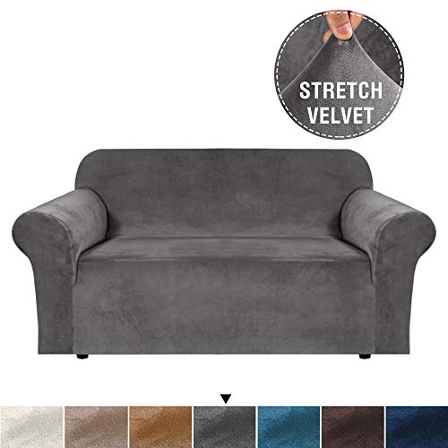 HVERSAILTEX Real Plush Velvet Loveseat Slipcovers 2 Cushions Stretching Skid Resistance SlipcoverFurniture Cover Loveseat with Bottom SecurityFit 58-72 Inches Loveseat Gray