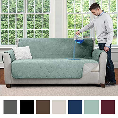 MIGHTY MONKEY Premium Slip and Water Resistant Loveseat Slipcover Seat Width Up to 54 Inch Oeko Tex Certified Suede-Like Absorbs 4 Cups of Water Cover for Loveseats Love Seat Seafoam