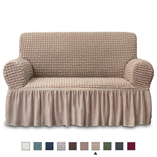 NICEEC Loveseat Slipcover Khaki Loveseat Cover 1 Piece Easy Fitted Sofa Couch Cover Universal High Stretch Durable Furniture Protector Love Seat with Skirt Country Style 2 Seater Khaki