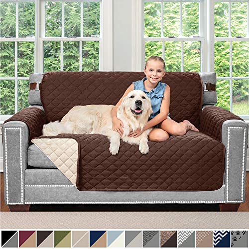Sofa Shield Original Patent Pending Reversible Loveseat Protector for Seat Width up to 54 Inch Furniture Slipcover 2 Inch Strap Couch Slip Cover Throw for Pets Dogs Love Seat Chocolate Beige