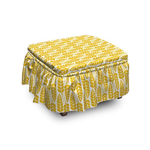Ambesonne Abstract Ottoman Cover Countryside 2 Piece Slipcover Set with Ruffle Skirt for Square Round Cube Footstool Decorative Home Accent Standard Size Earth Yellow and Off White
