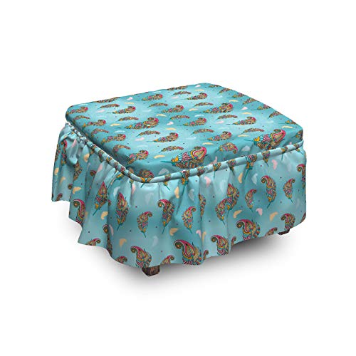 Ambesonne Bohemian Ottoman Cover Feathers 2 Piece Slipcover Set with Ruffle Skirt for Square Round Cube Footstool Decorative Home Accent Standard Size Seafoam Multicolor