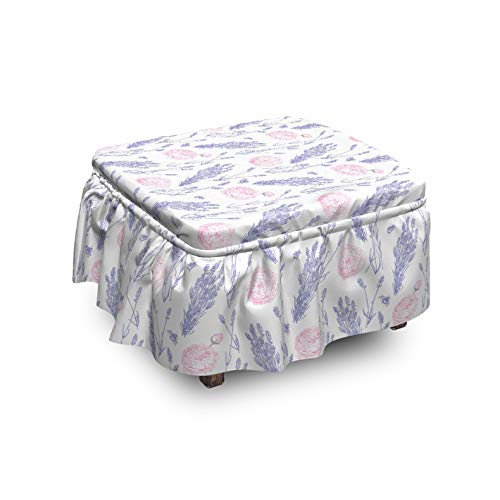 Ambesonne Vintage Rose Ottoman Cover Lavender Floral Sketch 2 Piece Slipcover Set with Ruffle Skirt for Square Round Cube Footstool Decorative Home Accent Standard Size Pale Pink Pale Ceil Blue