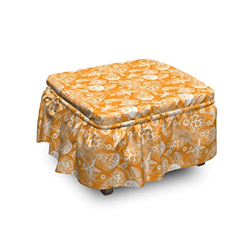 Lunarable Christmas Ottoman Cover Baubles 2 Piece Slipcover Set with Ruffle Skirt for Square Round Cube Footstool Decorative Home Accent Standard Size Marigold and White