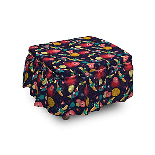 Lunarable Fantasy World Ottoman Cover Butterflies 2 Piece Slipcover Set with Ruffle Skirt for Square Round Cube Footstool Decorative Home Accent Standard Size Charcoal Grey Multicolor