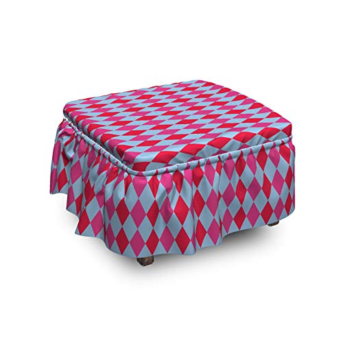 Lunarable Geometric Ottoman Cover Rhombuses 2 Piece Slipcover Set with Ruffle Skirt for Square Round Cube Footstool Decorative Home Accent Standard Size Pale Sky Blue Magenta