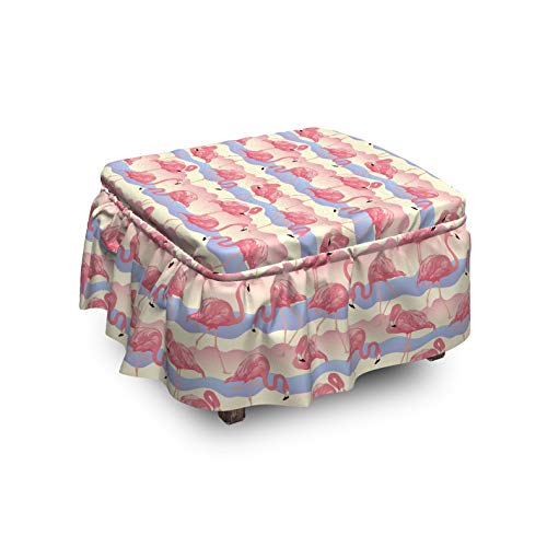 Lunarable Hawaiian Sunrise Ottoman Cover Flamingo 2 Piece Slipcover Set with Ruffle Skirt for Square Round Cube Footstool Decorative Home Accent Standard Size Pale Pink Ceil Blue