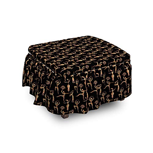 Lunarable Vintage Tribal Ottoman Cover Dance 2 Piece Slipcover Set with Ruffle Skirt for Square Round Cube Footstool Decorative Home Accent Standard Size Charcoal Grey and Pale Peach