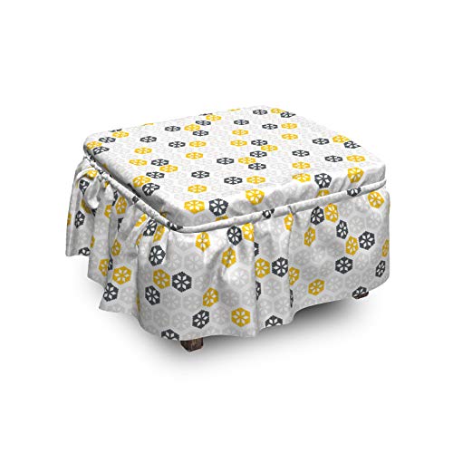 Lunarable Yellow and White Ottoman Cover Snowflakes 2 Piece Slipcover Set with Ruffle Skirt for Square Round Cube Footstool Decorative Home Accent Standard Size Grey and White