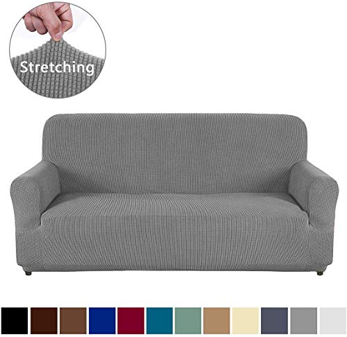 AUJOY Couch Cover Stretch 1-Piece Sofa Slipcover for 3 Cushion Couch Jacquard Spandex Fabric Furniture Protector with Anti-Slip Foams Sofa Light Gray
