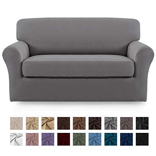 Easy-Going 2 Pieces Microfiber Stretch Couch Slipcover - Spandex Soft Fitted Sofa Couch Cover Washable Furniture Protector with Elastic Bottom KidsPet Loveseat Light Gray