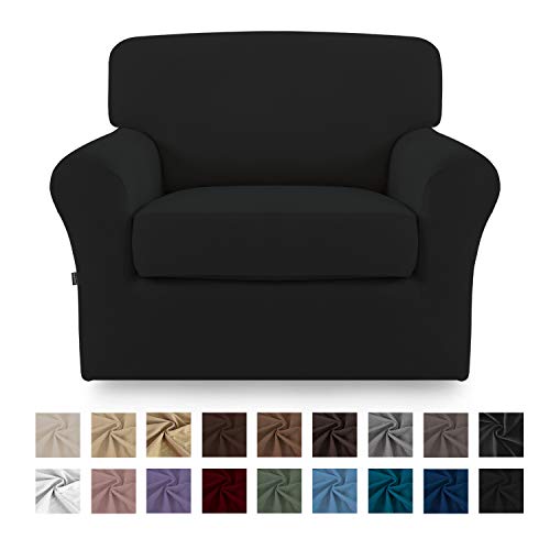 Easy-Going 2 Pieces Microfiber Stretch Couch Slipcover - Spandex Soft Fitted Sofa Couch Cover Washable Furniture Protector with Elastic Bottom for KidsPet ChairBlack