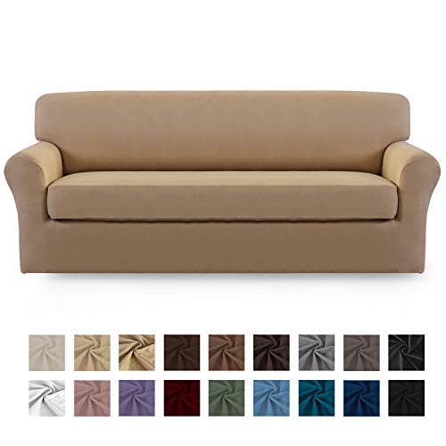 Easy-Going 2 Pieces Microfiber Stretch Sofa Slipcover - Spandex Soft Fitted Sofa Couch Cover Washable Furniture Protector with Elastic Bottom for KidsPet （Oversized Sofa，Camel）