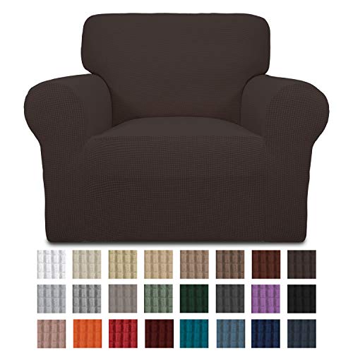 Easy-Going Stretch Chair Sofa Slipcover 1-Piece Couch Sofa Cover Furniture Protector Soft with Elastic Bottom for Kids Spandex Jacquard Fabric Small ChecksChairChocolate