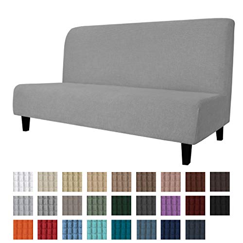 Easy-Going Stretch Sofa Slipcover Armless Sofa Cover Furniture Protector Without Armrests Slipcover Soft with Elastic Bottom for Kids Spandex Jacquard Fabric Small ChecksfutonLight Gray