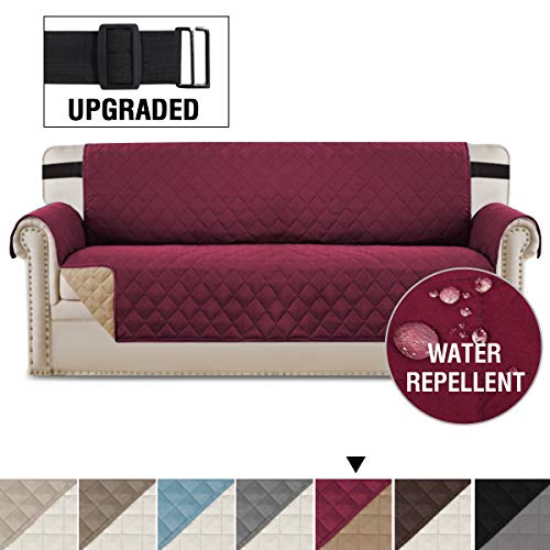 HVERSAILTEX Reversible Sofa Slipcover Quilted Furniture Protector with 2 Elastic Strap Water Resistant Sofa Covers Seat Width Up to 66 Slipcover Protect from Dogs Sofa BurgundyTan