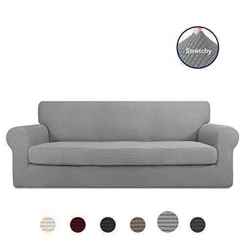 PureFit 2 Pieces Stretch Slipcover for 3 Cushion Couch - Spandex Jacquard Non-Slip Soft Fitted Sofa Couch Cover Washable Furniture Protector with Non Skid Elastic Bottom for Kids Sofa Light Gray