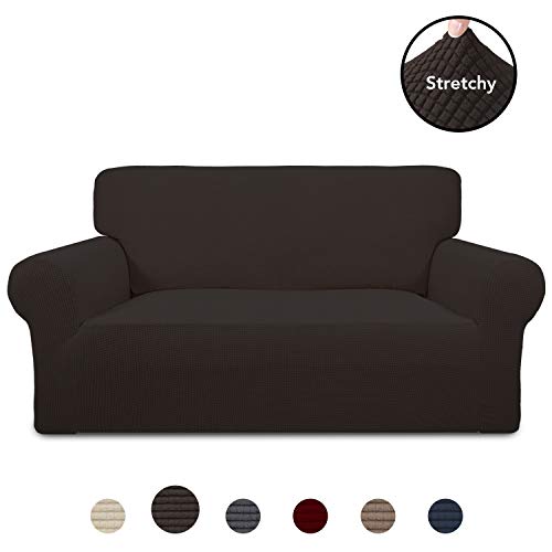 PureFit Stretch Loveseat Sofa Slipcover - Spandex Jacquard Non Slip Soft Couch Sofa Cover Washable Furniture Protector with Non Skid Foam and Elastic Bottom for Kids Loveseat Chocolate
