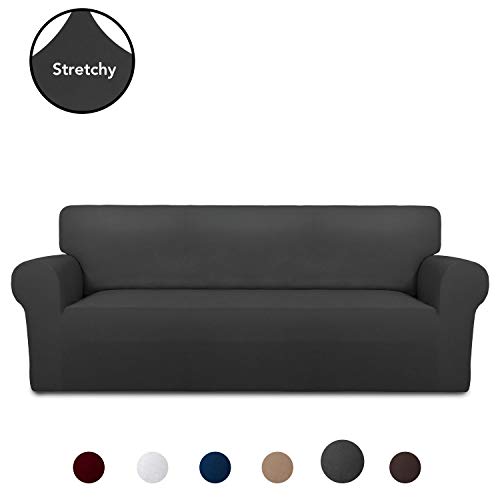 PureFit Super Stretch Chair Sofa Slipcover - Spandex Non Slip Soft Couch Sofa Cover Washable Furniture Protector with Non Skid Foam and Elastic Bottom for Kids Pets （Sofa， Dark Gray）