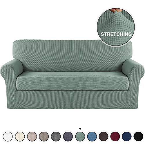 Turquoize 2 Piece Sofa Slipcover Spandex Stretch Furniture Slipcover with Jacquard Small Check Pattern Sofa Cover High Stretch Living Room Couch Slipcover for 3 Cushion Couch Cover Sofa Dark Cyan