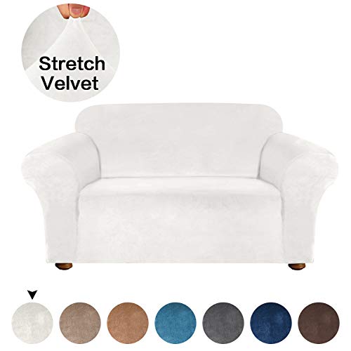 Turquoize Velvet Loveseat Cover Loveseat Slipcover One Piece for Leather Couch Cover High Spandex Sofa Slipcover for Dogs with Anti-Slip Foams Washable Furniture CoverProtector Loveseat Ivory