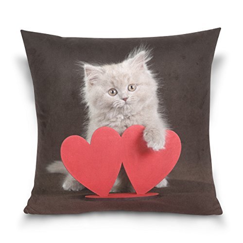 ALAZA Double Sided Cute Cat and Red Heart Cotton Velvet Square Pillow Slipcovers 20x20 Inch Decorative for Chair Auto Seat