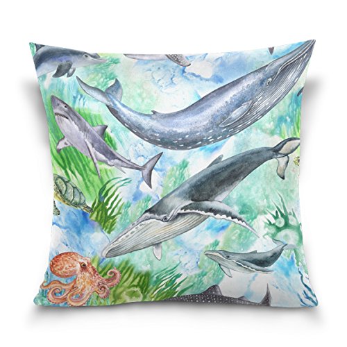 ALAZA Double Sided Watercolor Whale Cotton Velvet Square Pillow Slipcovers 20x20 Inch Decorative for Chair Auto Seat