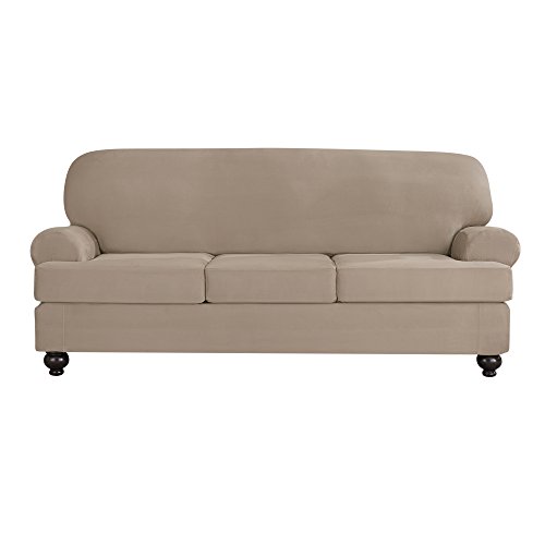 SURE FIT Designer Suede Four Piece Sofa Slipcover-Convertible Universal Form-Fit Box or T-Cushion-3-Cushion Furniture Cover - Up to 40 Tall-Machine Washable Chocolate