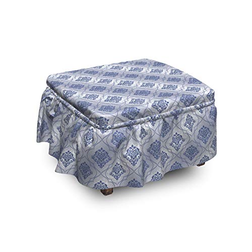 Ambesonne Antique Oriental Ottoman Cover Floral Damask Art 2 Piece Slipcover Set with Ruffle Skirt for Square Round Cube Footstool Decorative Home Accent Standard Size Purpleblue Ceil Blue