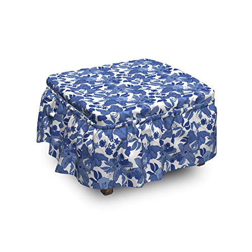 Ambesonne Floral Ottoman Cover Blue Tones Flowers Romance 2 Piece Slipcover Set with Ruffle Skirt for Square Round Cube Footstool Decorative Home Accent Standard Size Persian Blue Azure Blue