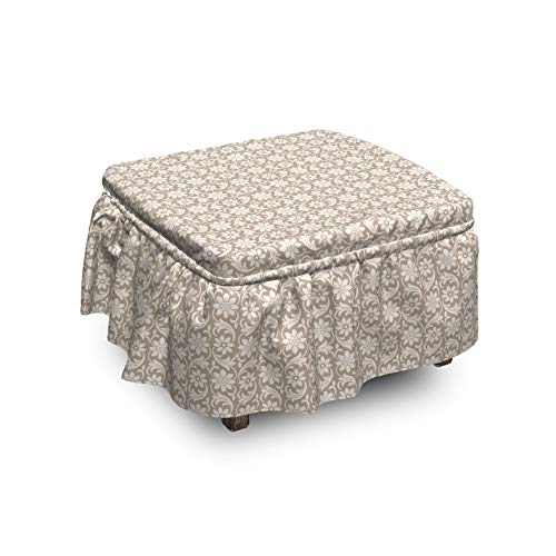 Ambesonne Floral Ottoman Cover Swirls Flowers and Strokes 2 Piece Slipcover Set with Ruffle Skirt for Square Round Cube Footstool Decorative Home Accent Standard Size Dark Eggshell Eggshell