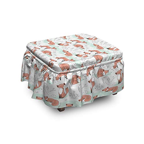 Ambesonne Fox Ottoman Cover Wild Forest Animals Polka Dots 2 Piece Slipcover Set with Ruffle Skirt for Square Round Cube Footstool Decorative Home Accent Standard Size Salmon Mint Green
