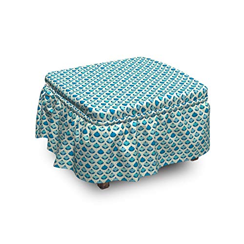 Ambesonne Geometric Ottoman Cover Circular Floral Motif 2 Piece Slipcover Set with Ruffle Skirt for Square Round Cube Footstool Decorative Home Accent Standard Size Sea Blue Dark Turquoise