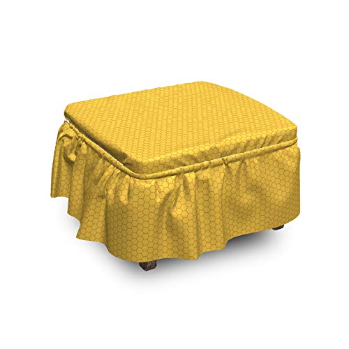 Ambesonne Honeycomb Ottoman Cover Geometric Pattern Hexagon 2 Piece Slipcover Set with Ruffle Skirt for Square Round Cube Footstool Decorative Home Accent Standard Size Yellow Earth Yellow