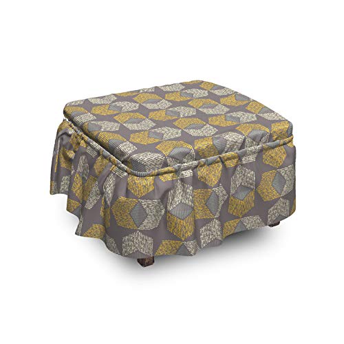 Ambesonne Muted Colors Ottoman Cover Boho Abstract Forms 2 Piece Slipcover Set with Ruffle Skirt for Square Round Cube Footstool Decorative Home Accent Standard Size Cocoa Mustard and Ivory