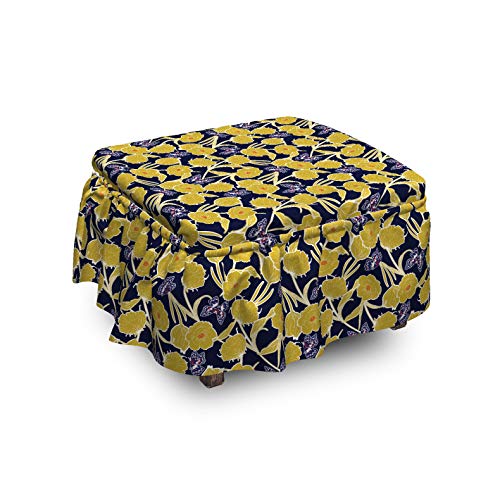 Ambesonne Spring Ottoman Cover Floral Butterflies 2 Piece Slipcover Set with Ruffle Skirt for Square Round Cube Footstool Decorative Home Accent Standard Size Yellow Dark Indigo